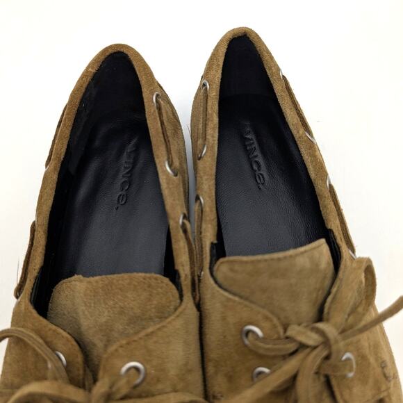 Vince Marin Round Toe Boat Loafer Women's Olivewood Suede Size US7M EU37 - Picture 7 of 14